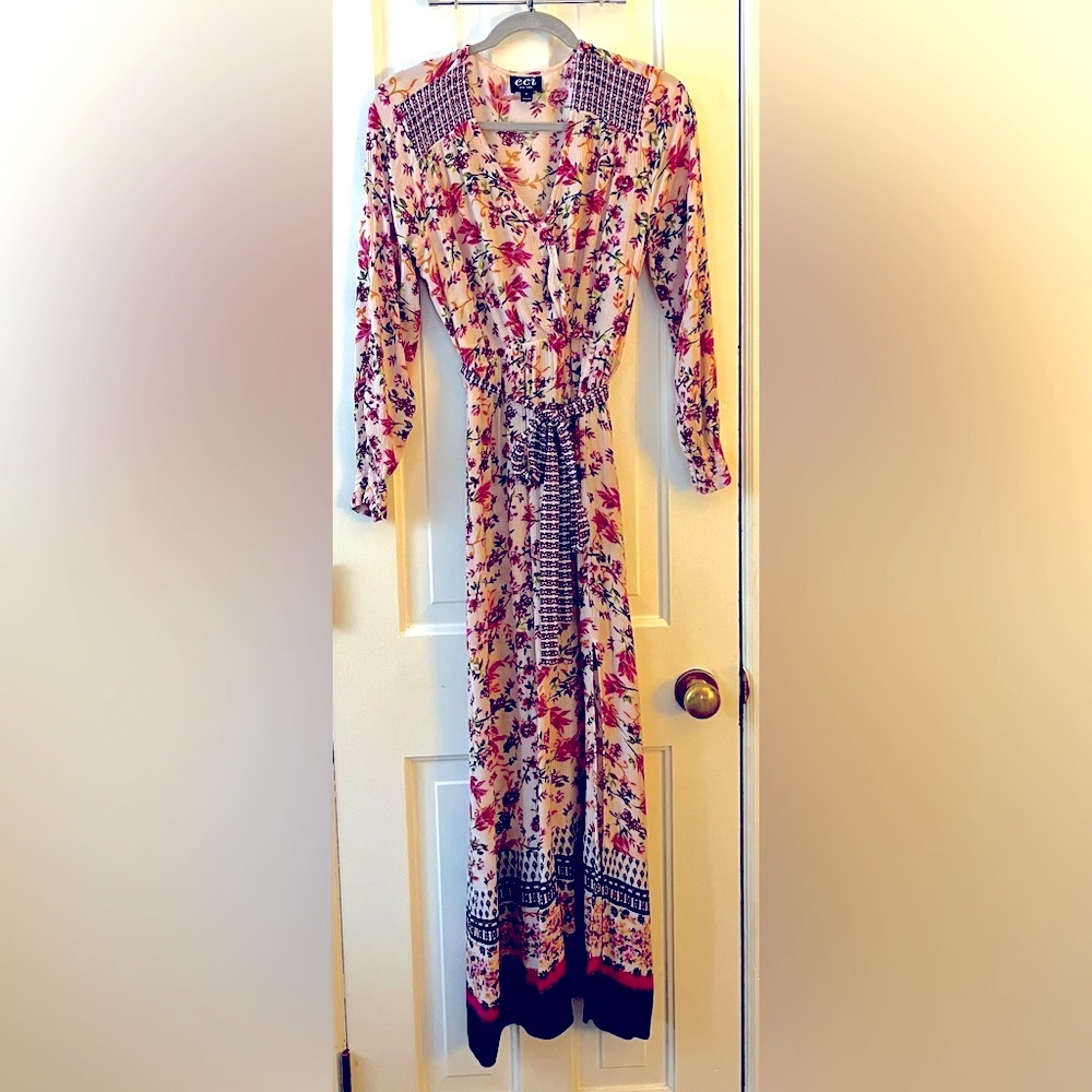 ECI Floral Long Sleeve Maxi Dress in Cream and Pink